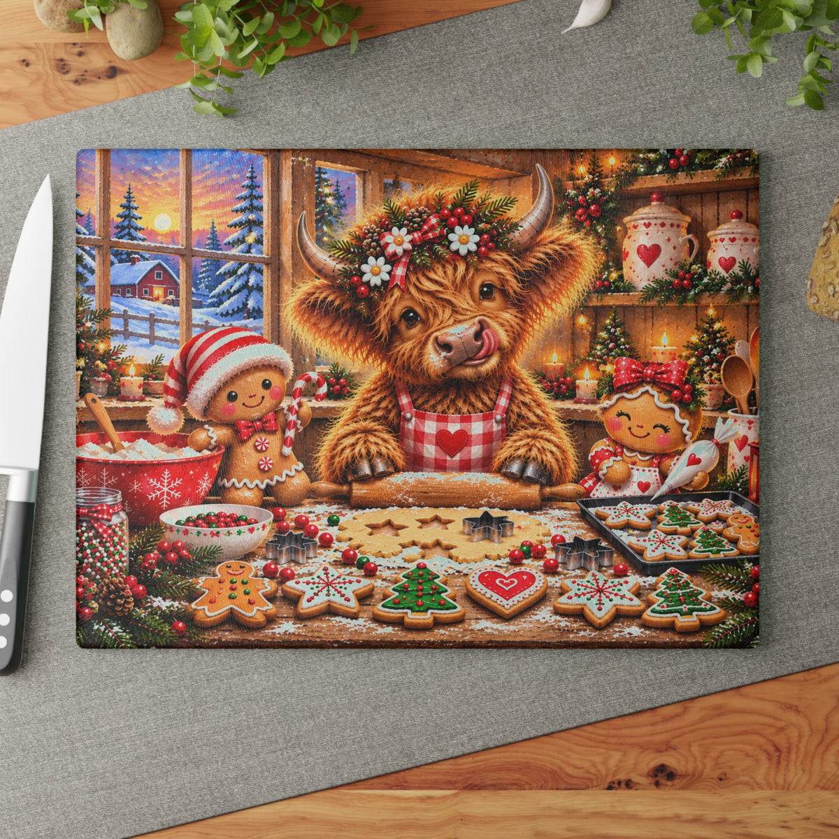 Christmas Highland Cow Baking Cookies Tempered Glass Cutting Board – Gingerbread Farmhouse Christmas – 11 × 15 Inches