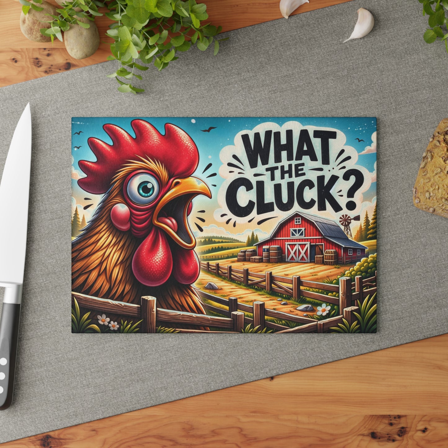 What the Cluck Glass Cutting Board – Funny Farm Rooster Kitchen Decor