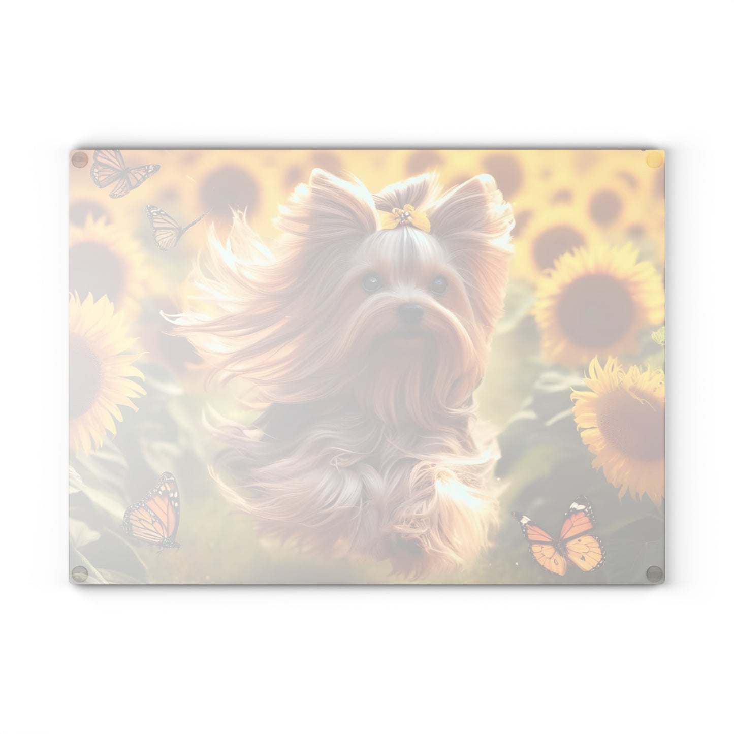 Yorkie in the Sunflowers – Tempered Glass Cutting Board