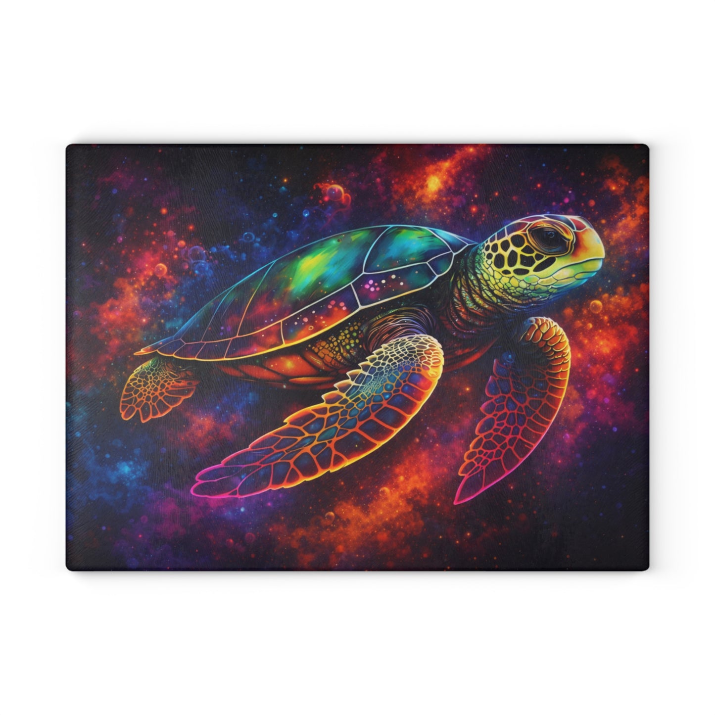 Cosmic Journey Glass Cutting Board – Vibrant Space Turtle Artwork