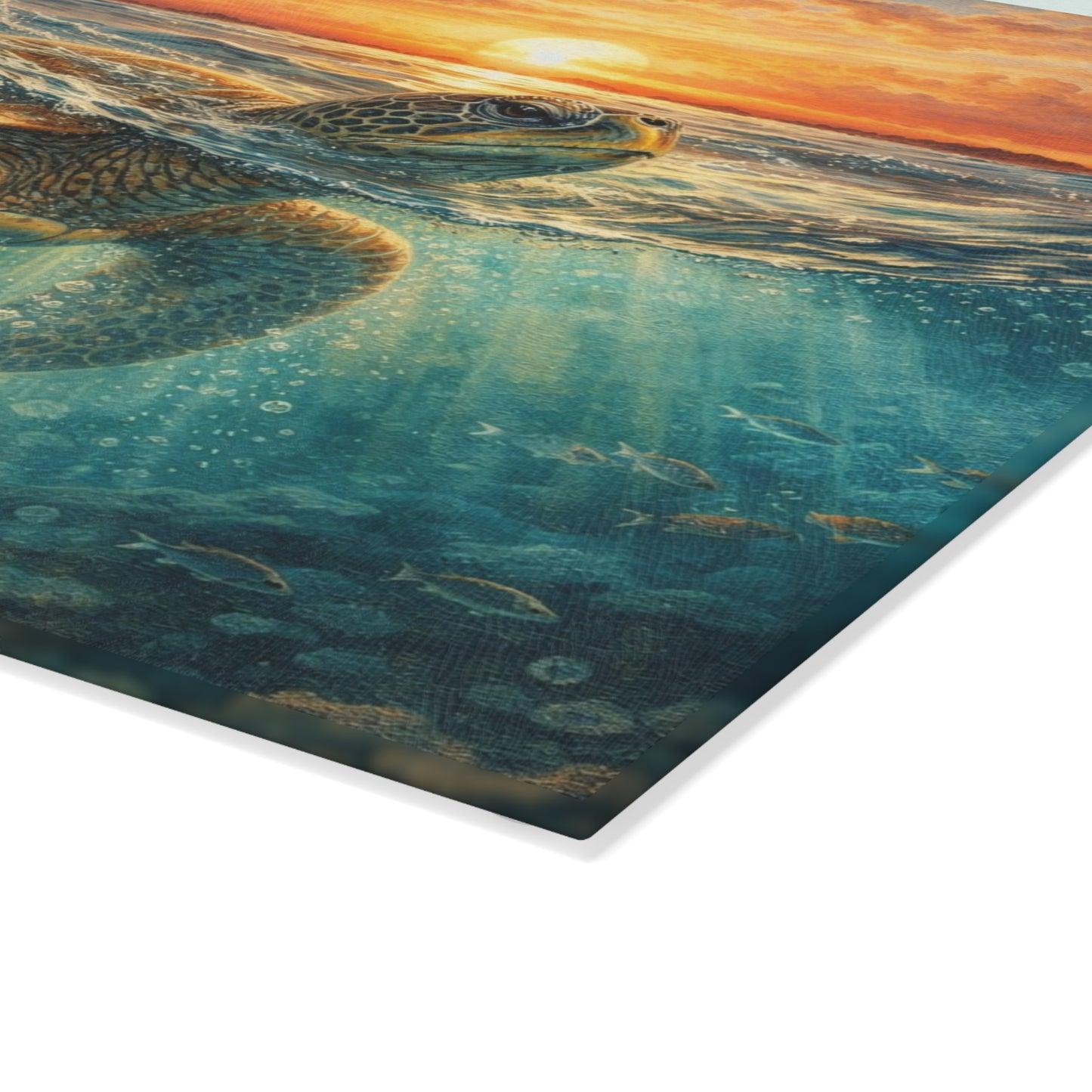 Sea Turtle Sunset Glass Cutting Board – Coastal Ocean Wildlife Kitchen Decor