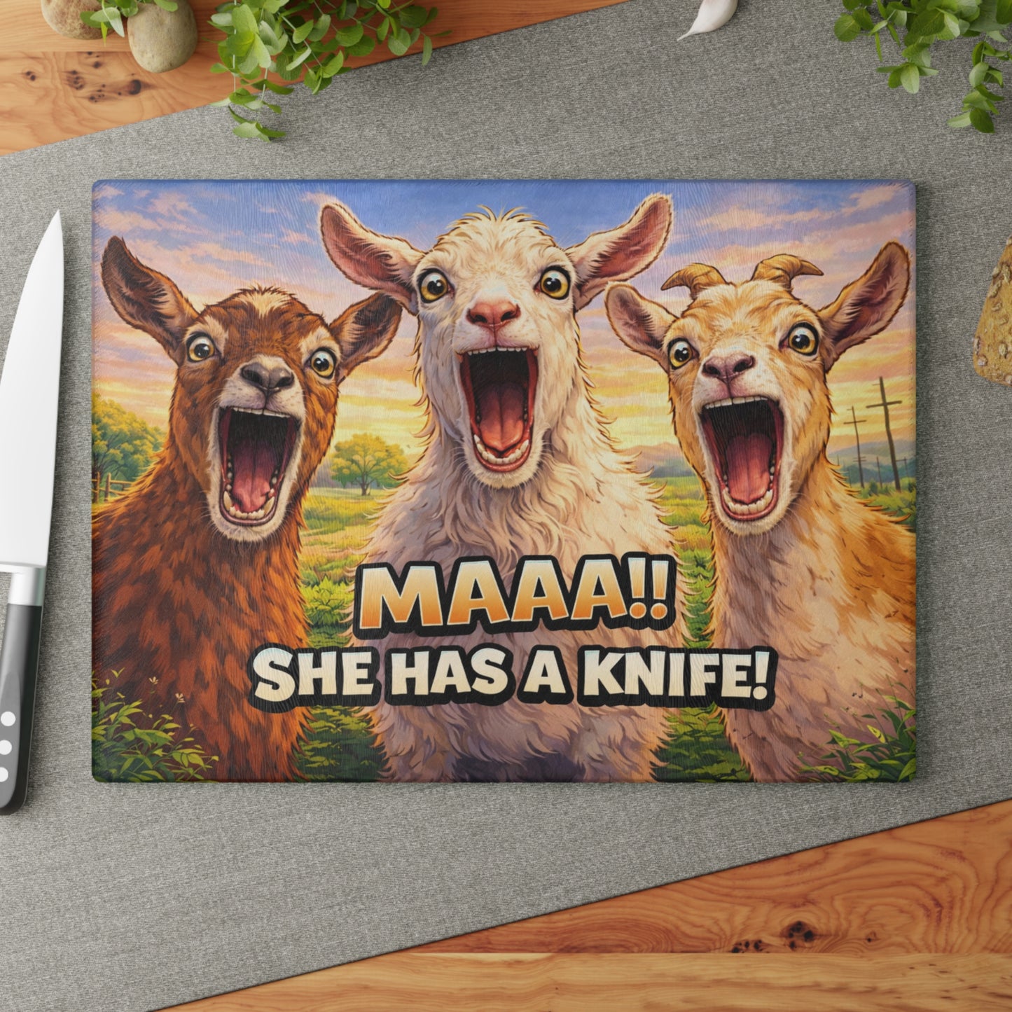 Maaa! She Has a Knife Glass Cutting Board – Funny Goat Farm Kitchen Art Display