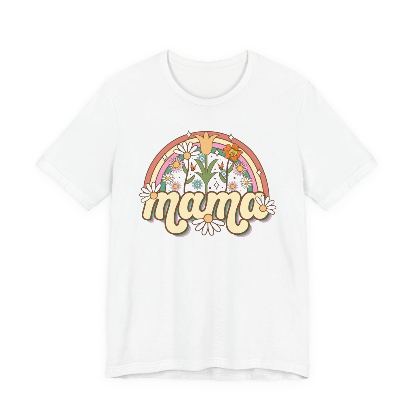 🌼🌈 Retro Floral Mama T-Shirt – Boho Rainbow Graphic Tee for Moms 🌻✨