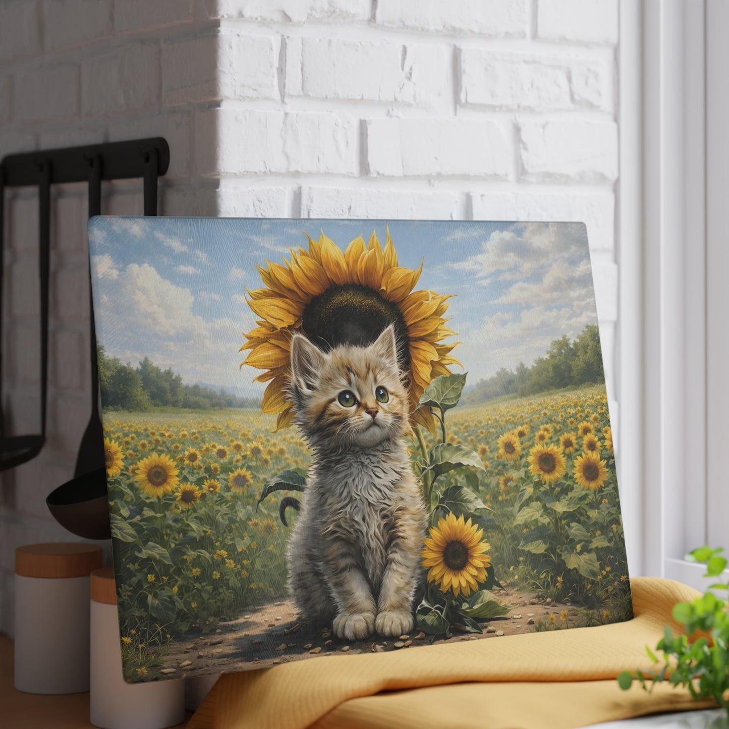 Sunflower Kitten Glass Cutting Board – Whimsical Floral Cat Art Kitchen Decor