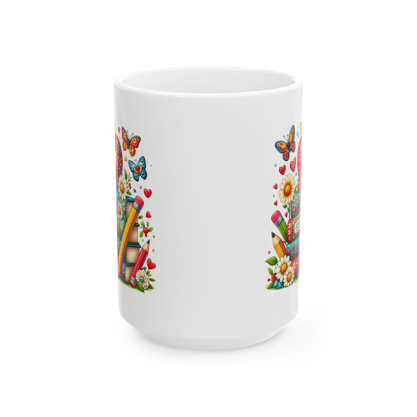 🍎 Teacher Love Back-to-School Mug – Bright Books & Butterflies 🌼