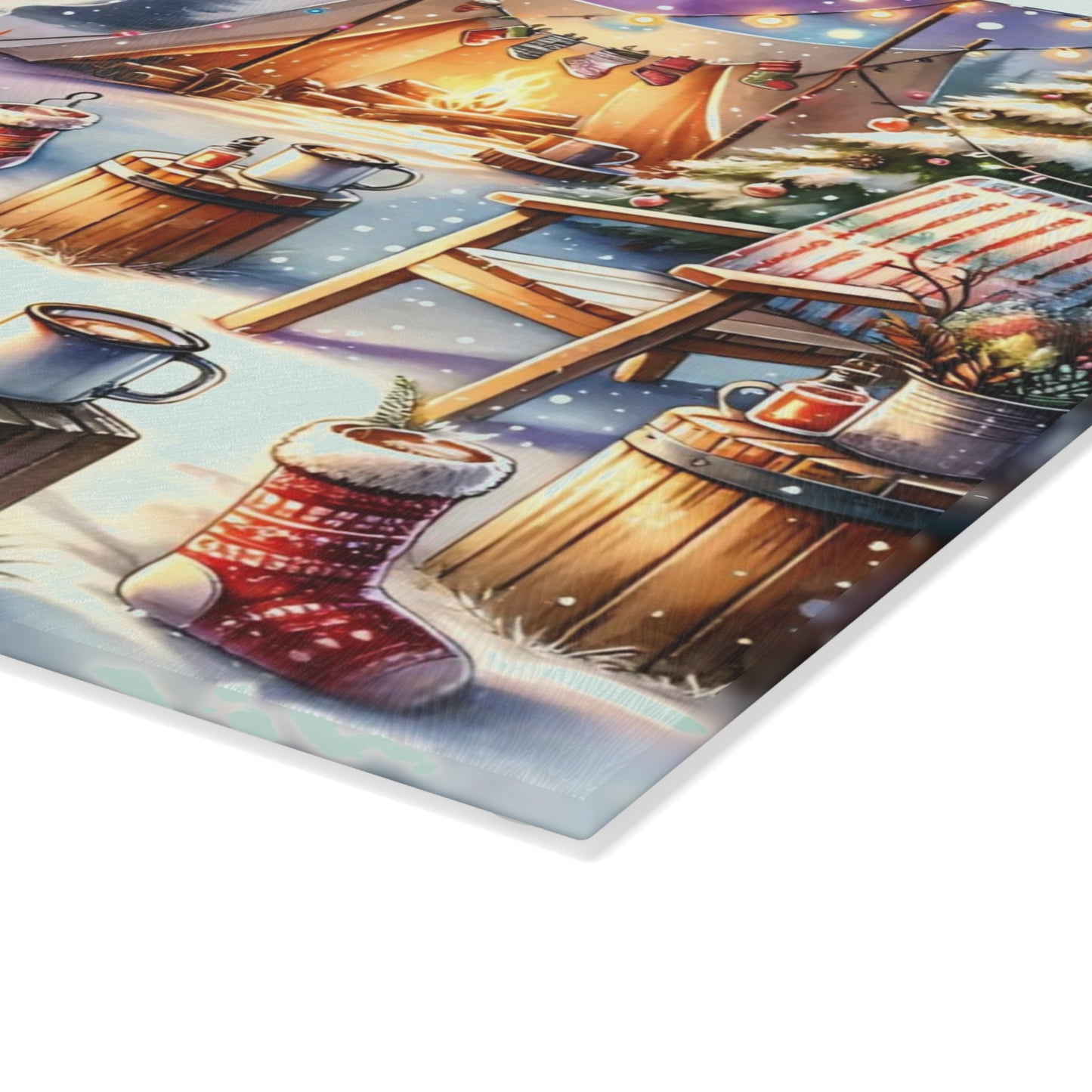 🔥🏕️ “Cozy Campfire Christmas” Glass Cutting Board – Winter Charm for Your Kitchen