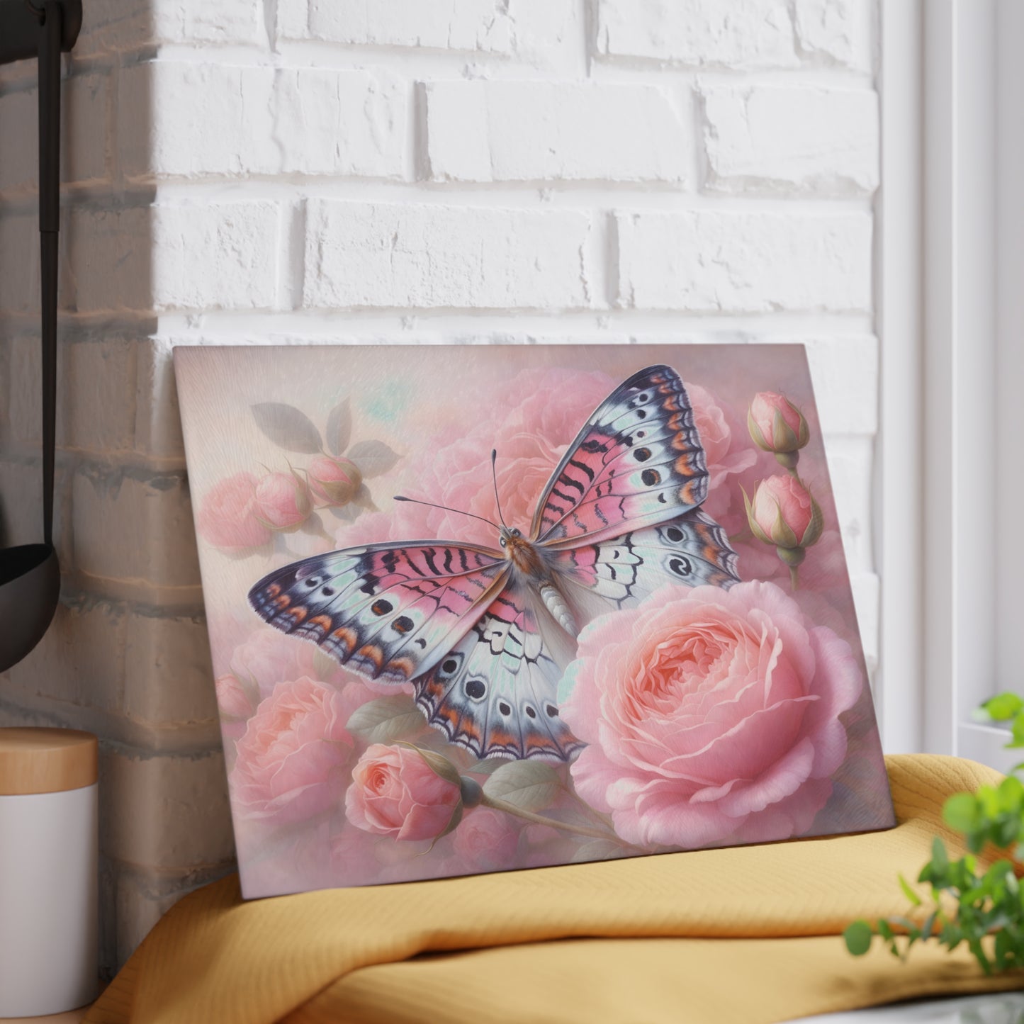 Pink Butterfly & Rose Garden Glass Cutting Board – Elegant Floral Nature Kitchen Décor