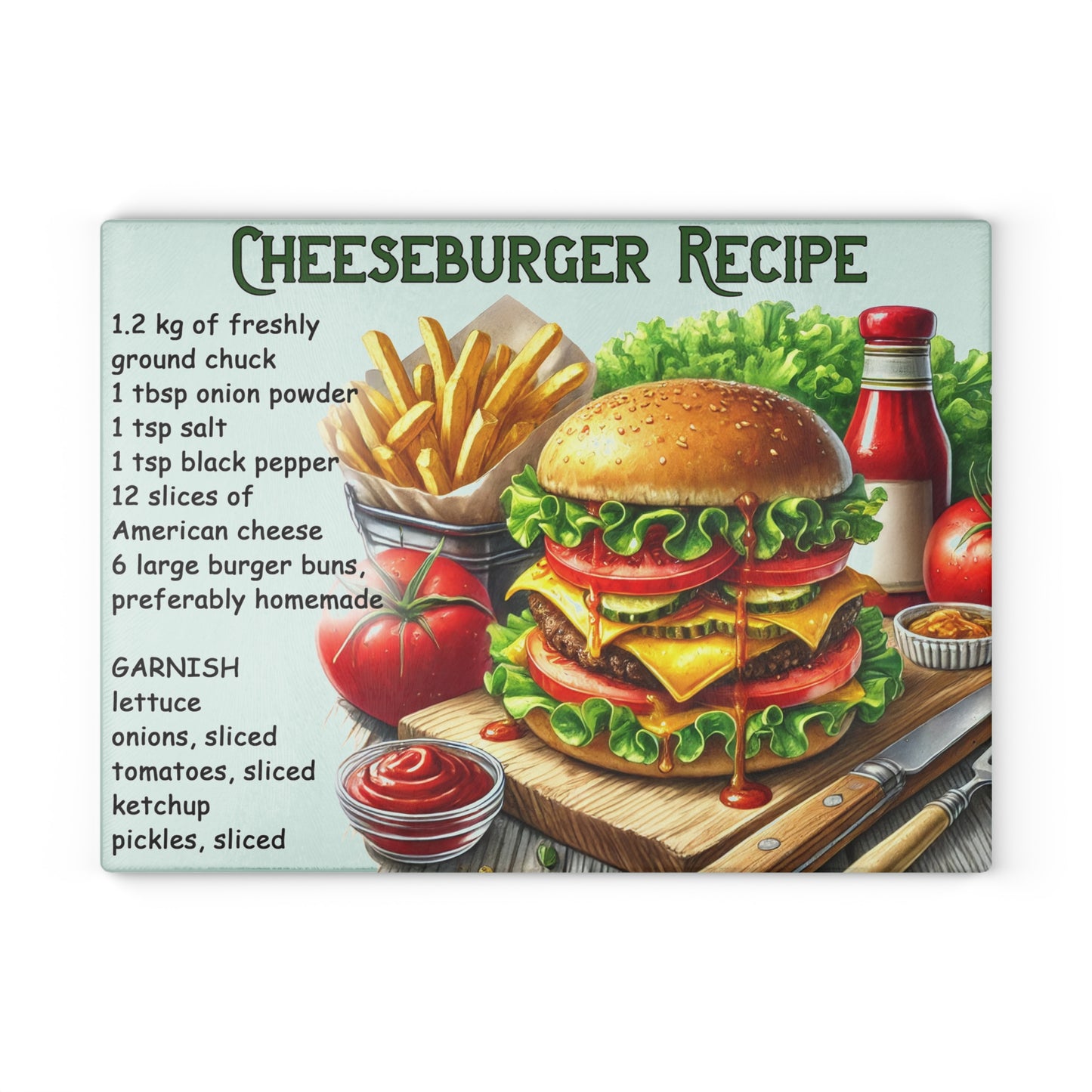 🍔 Cheeseburger Recipe – Gourmet Burger Lovers Glass Cutting Board