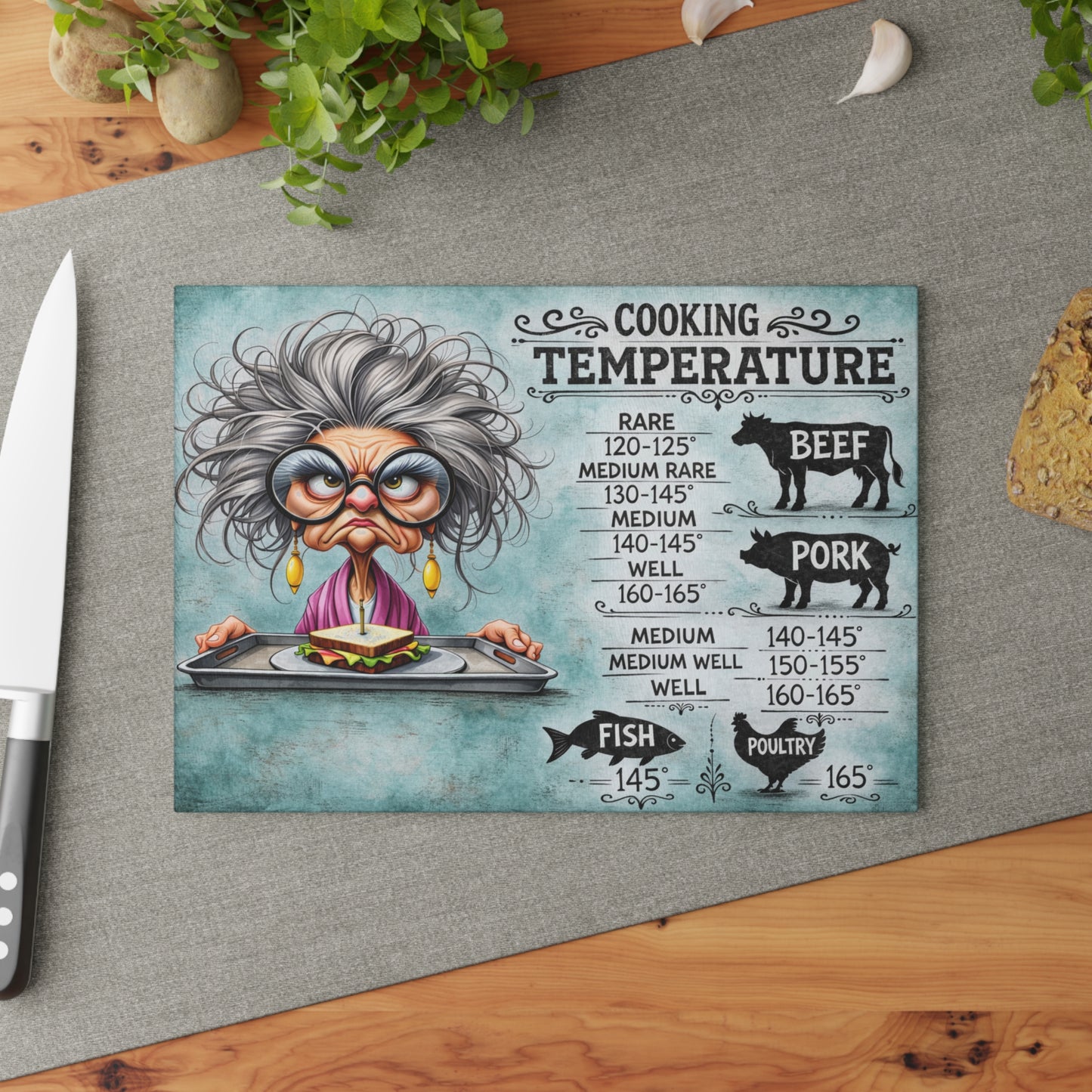 Cooking Temperature Guide Glass Cutting Board – Funny Kitchen Conversion & Meat Temperature Chart Decor