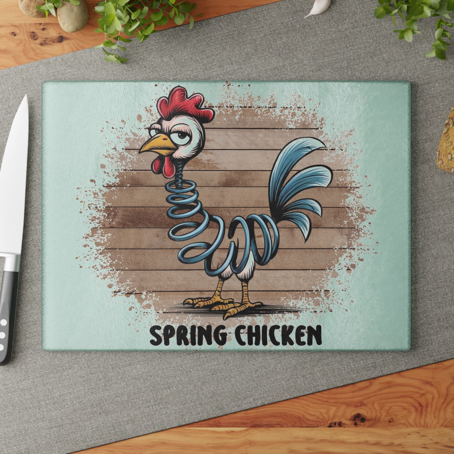 🐔🌀 POLLO DE PRIMAVERA – Tabla de cortar de vidrio con humor gruñón y encanto campestre 🌻🥄