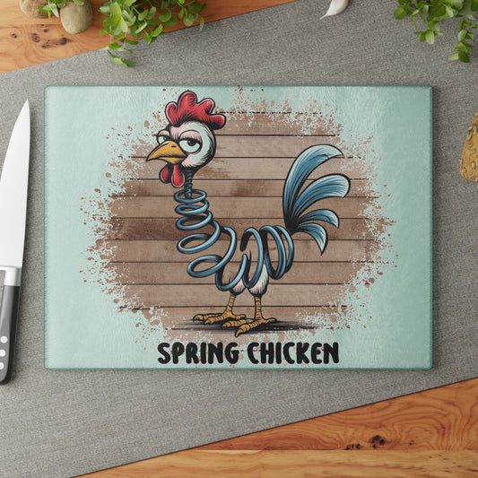🐔🌀 POLLO DE PRIMAVERA – Tabla de cortar de vidrio con humor gruñón y encanto campestre 🌻🥄