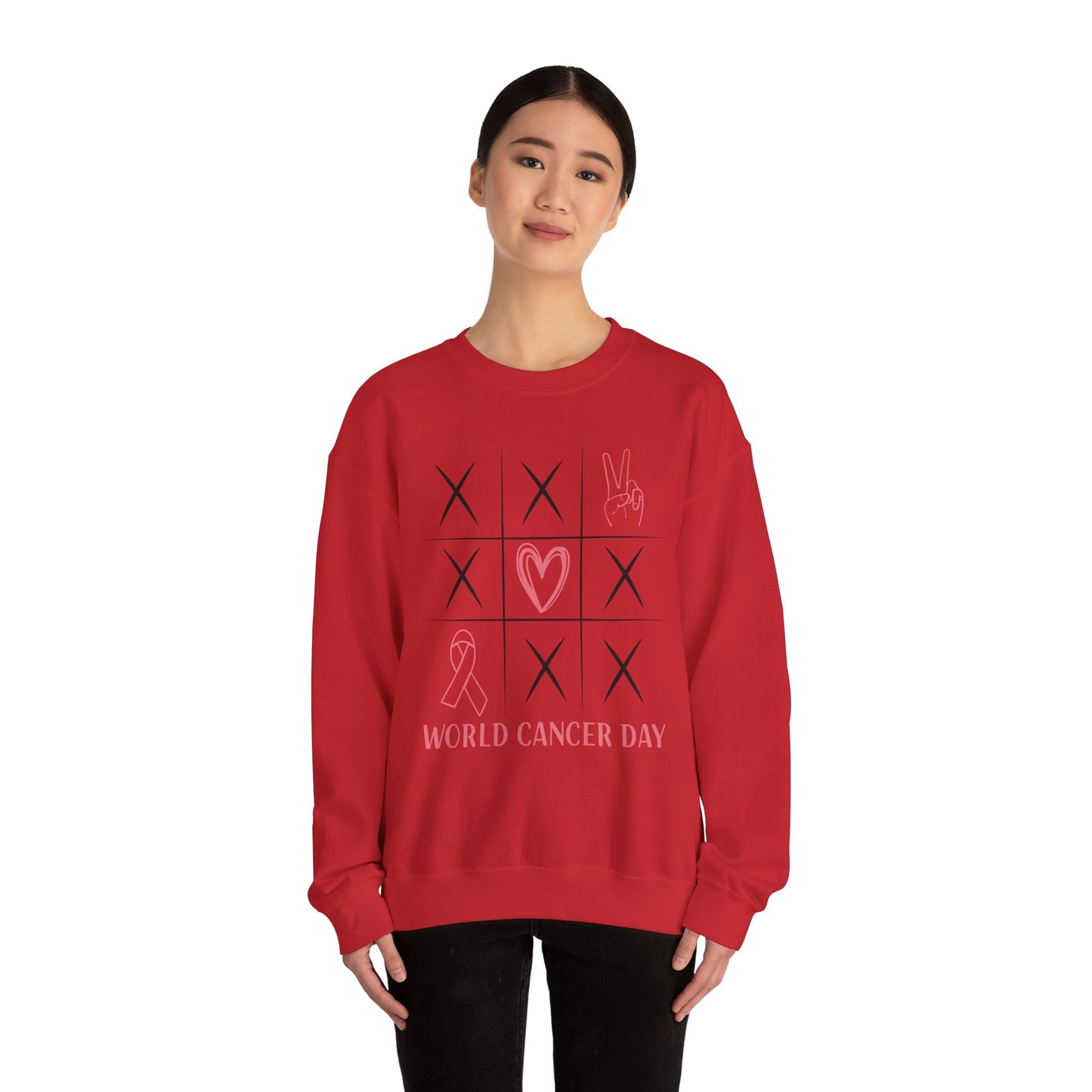 🌍🎗️ World Cancer Day Sweatshirt – Awareness Tic-Tac-Toe Heart & Ribbon
