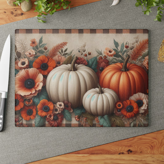 🍂🎃 Autumn Pumpkins and Florals Cutting Board – Rustic Fall Kitchen Décor 🍁🌻