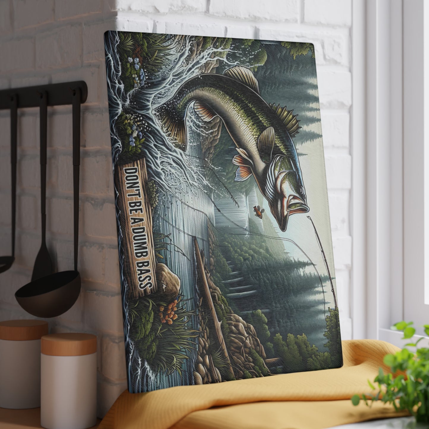 🎣🐟 Don’t Be a Dumb Bass Cutting Board – Funny Fishing Gift & Rustic Cabin Kitchen Décor 🇺🇸🌲