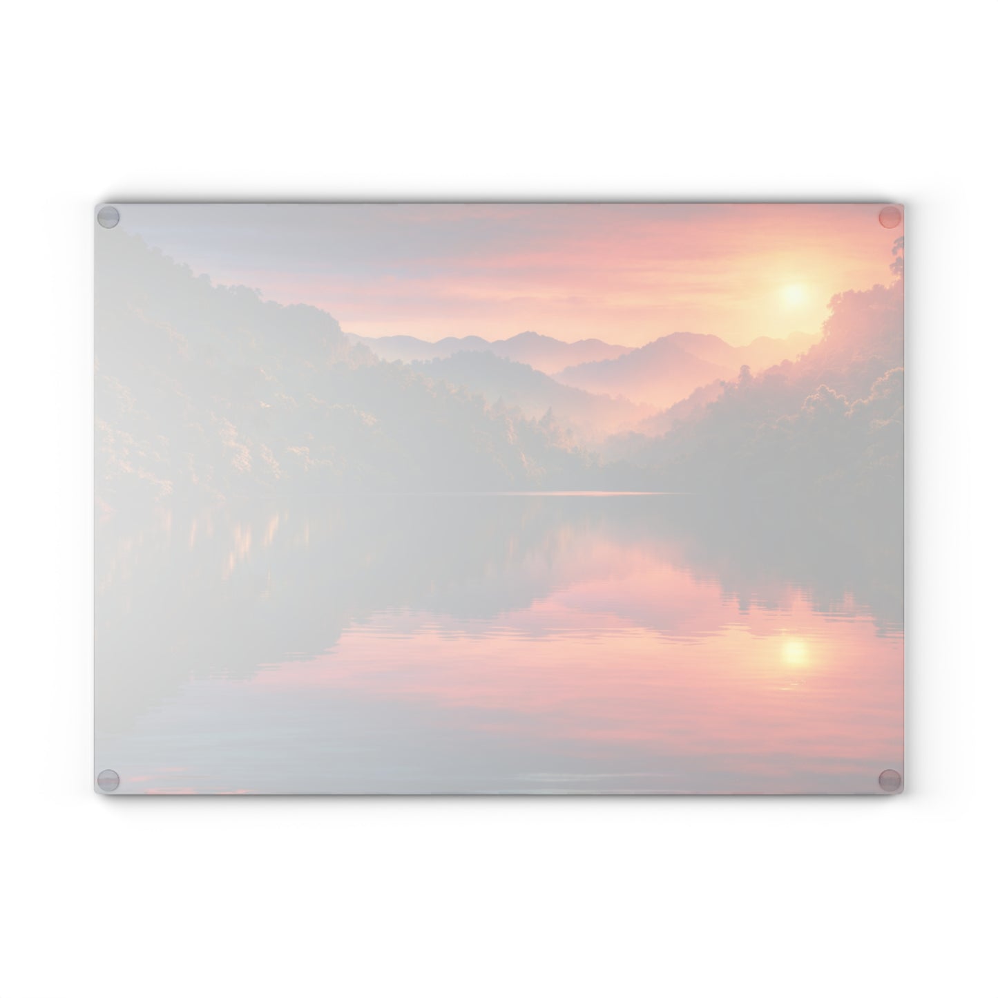 Sunset Mountain Lake Glass Cutting Board – Peaceful Nature Landscape Kitchen Art