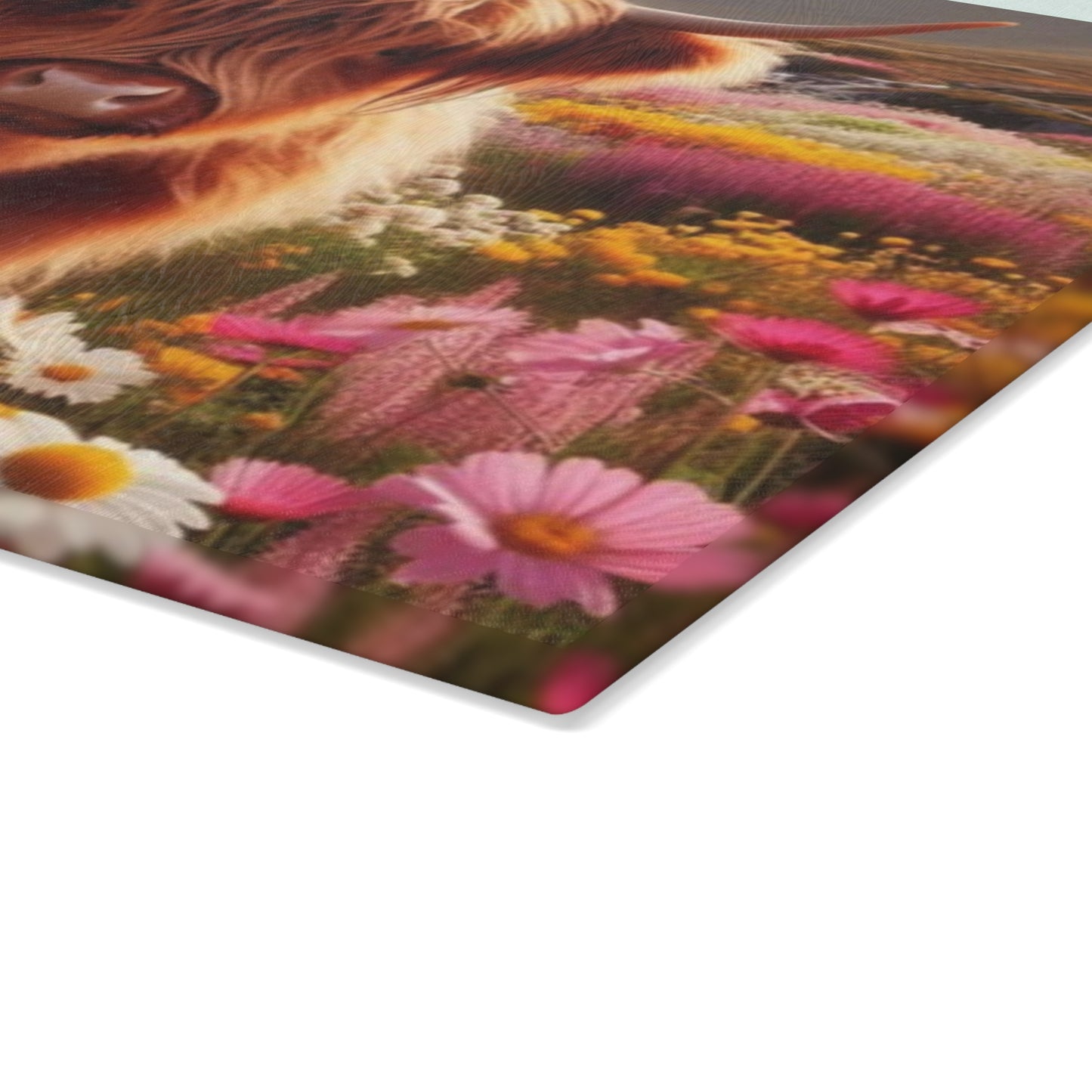 🐮 Highland Cow in a Field of Flowers – Rustic Floral Glass Cutting Board