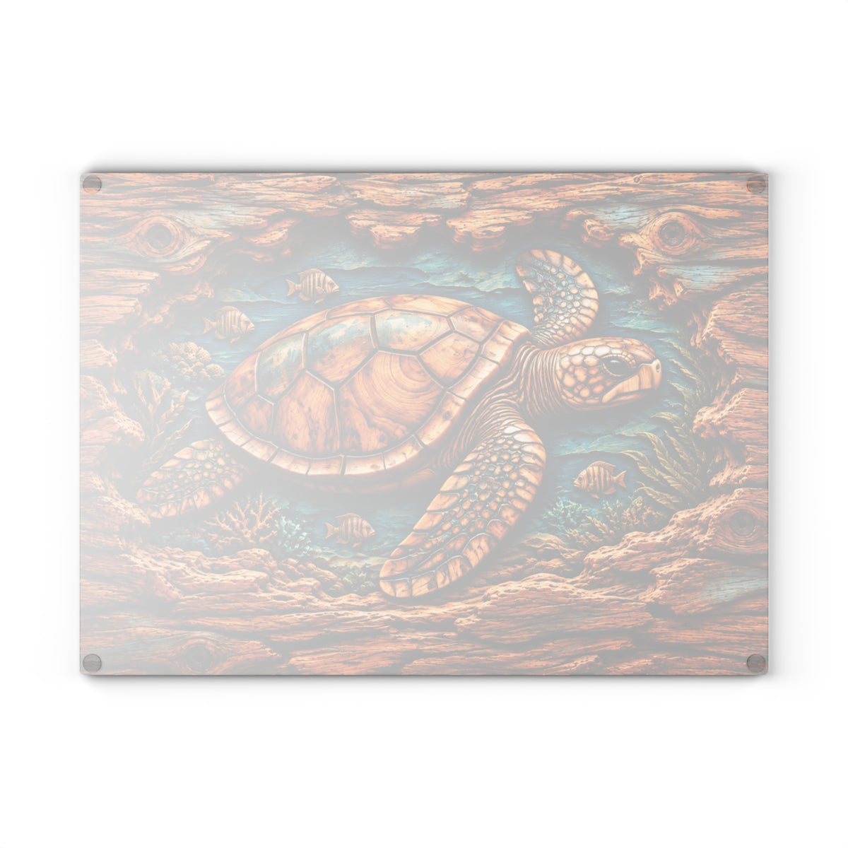 Ultra-Realistic 3D Wood-Carved Sea Turtle Cutting Board – High-Relief Pop-Out Illusion, Rustic Driftwood Frame & Underwater Ocean Kitchen Décor