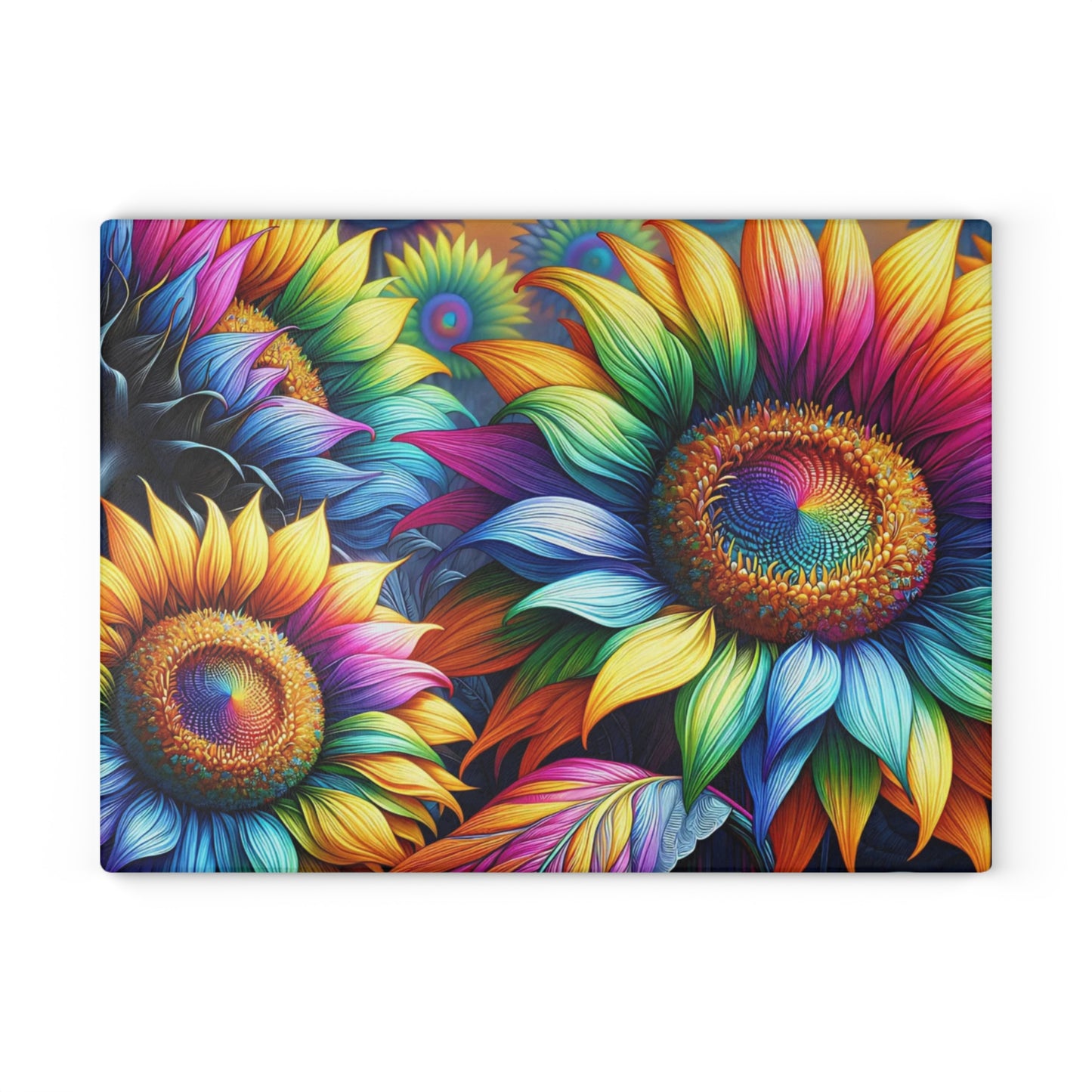 Rainbow Sunflower Glass Cutting Board – Colorful Farmhouse Kitchen Decor