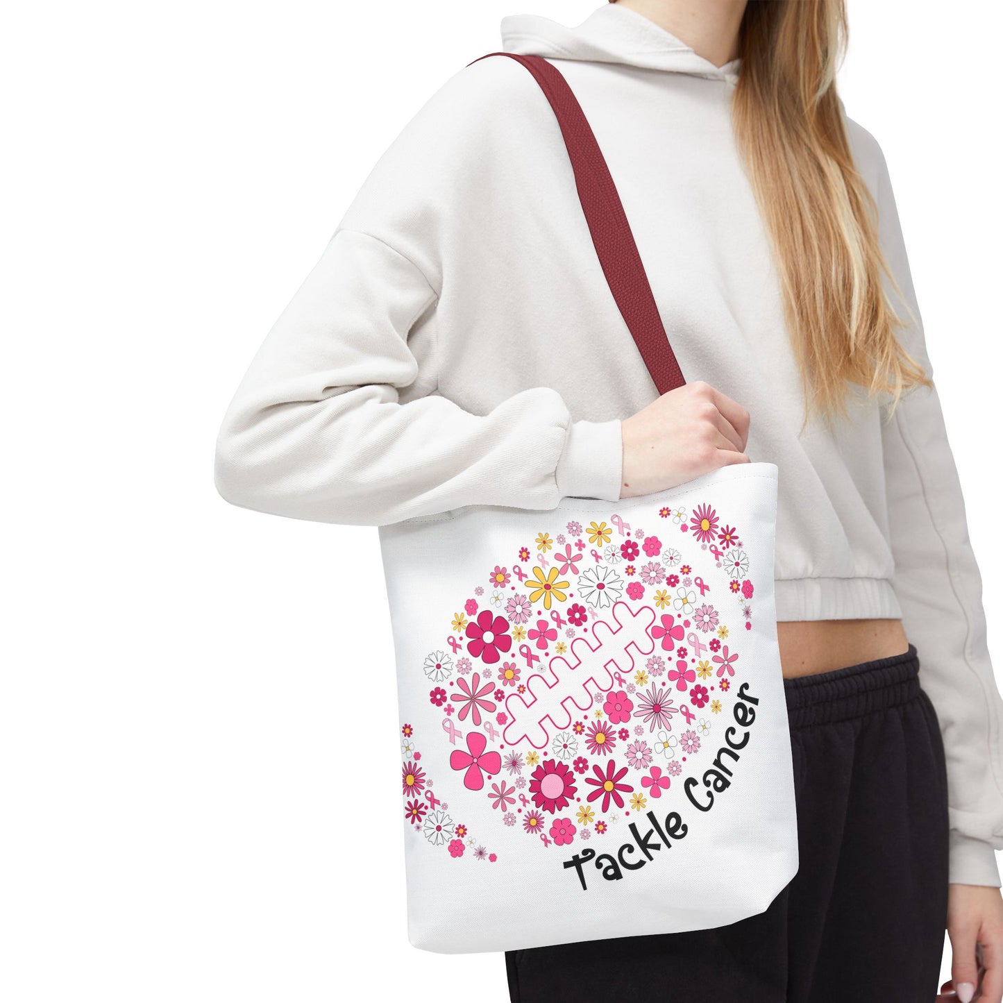 🌸 Pink Floral Football Tote Bag – Game Day Meets Breast Cancer Awareness 🎀👜