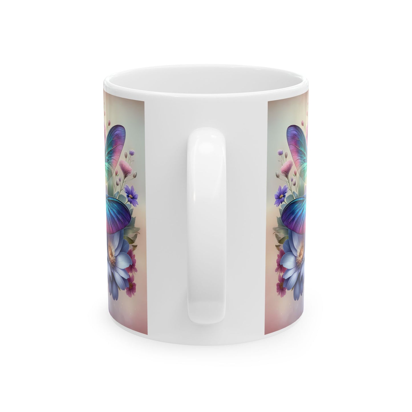 🌸 Vivid Garden Bloom – Envoltorio para taza de café con libélula arcoíris ☕