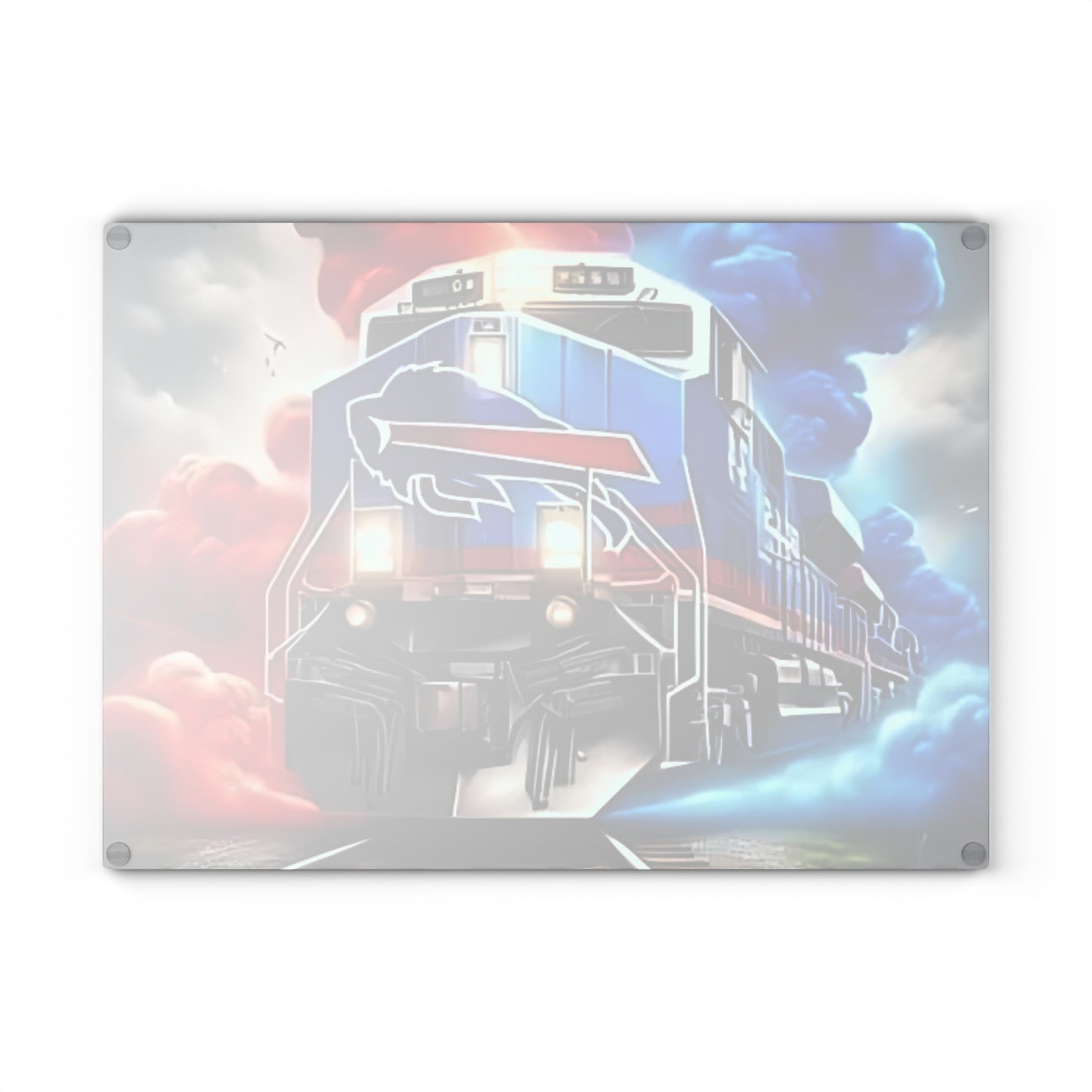 Red & Navy Express Glass Cutting Board – Rugged Train Art for Bold, Classic Kitchens