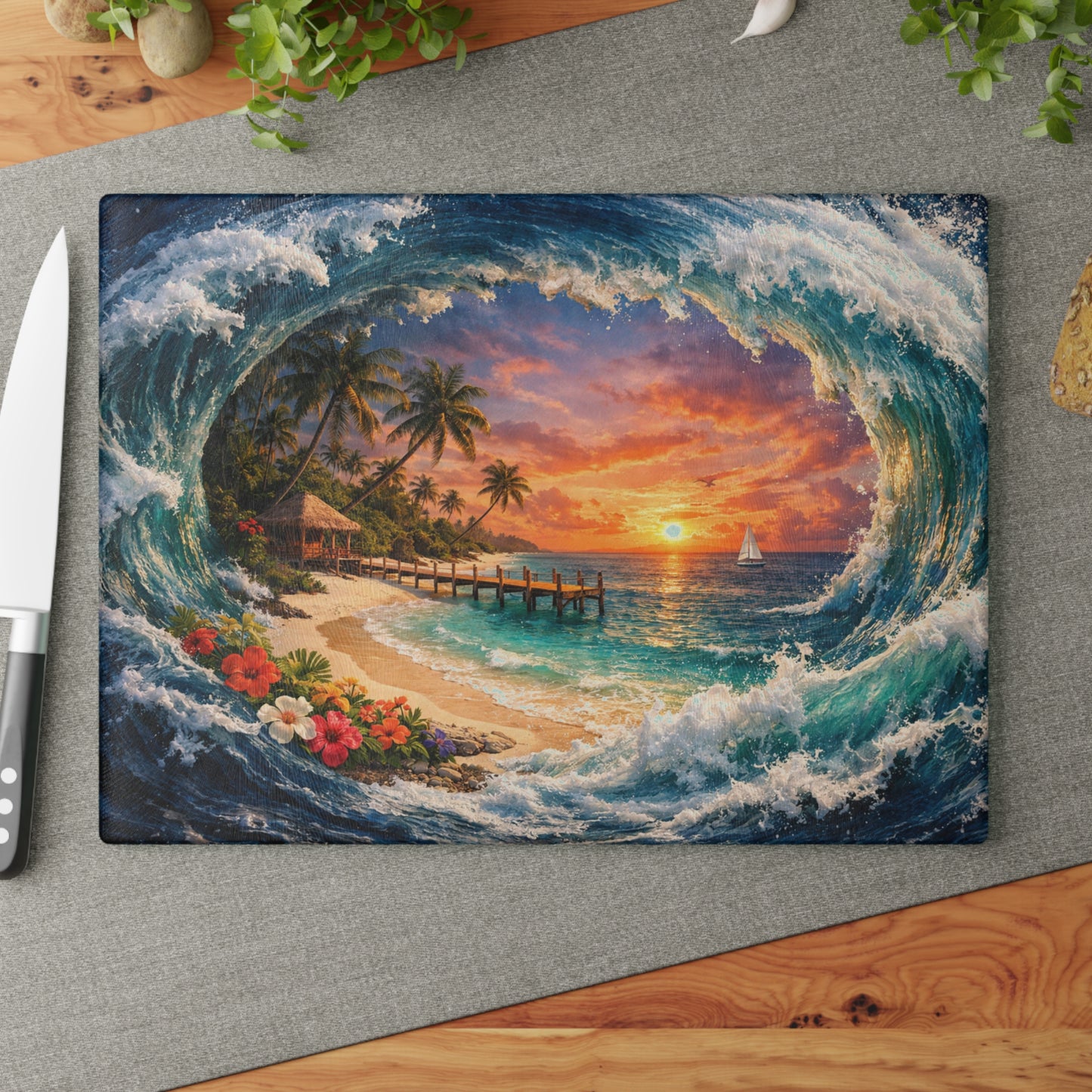 Coastal Escape Glass Cutting Board – Tropical Wave Sunset Kitchen Art & Display Board