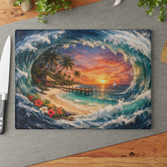 Coastal Escape Glass Cutting Board – Tropical Wave Sunset Kitchen Art & Display Board