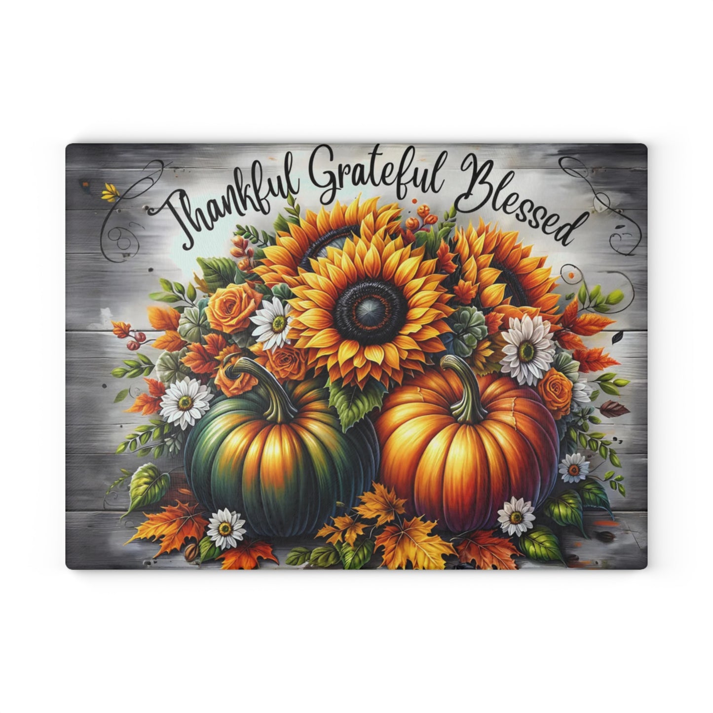🍂🌻 “Thankful • Grateful • Blessed” Glass Cutting Board – Harvest Glow for Your Kitchen