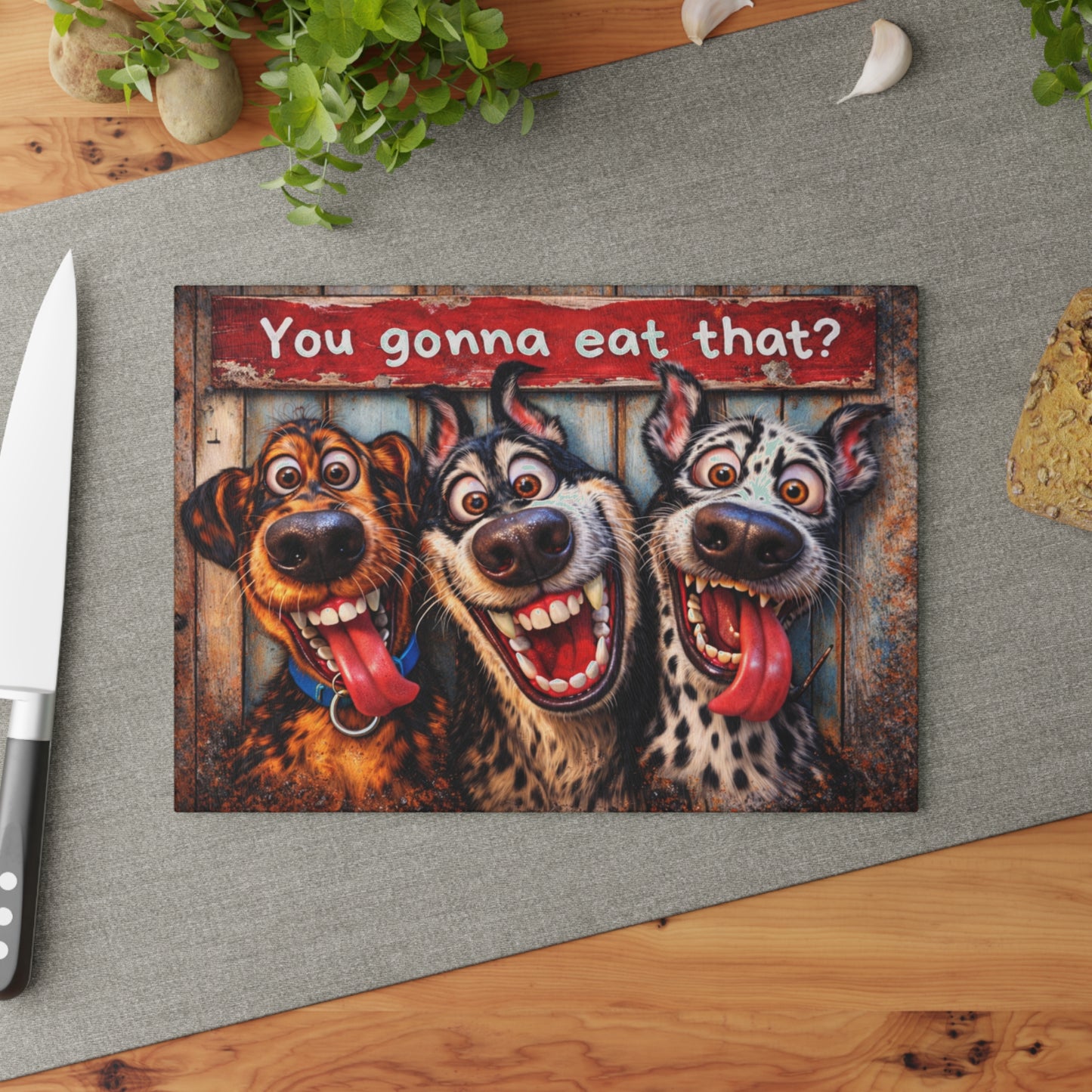 You Gonna Eat That? Glass Cutting Board – Funny Dog Kitchen Decor with Rustic Charm