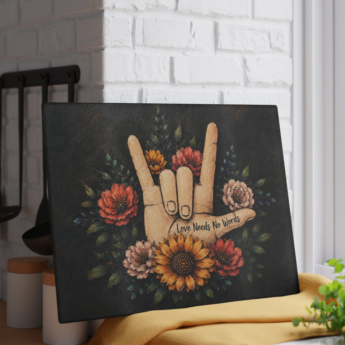 Love Needs No Words Glass Cutting Board – Painted Floral ASL Hand Design