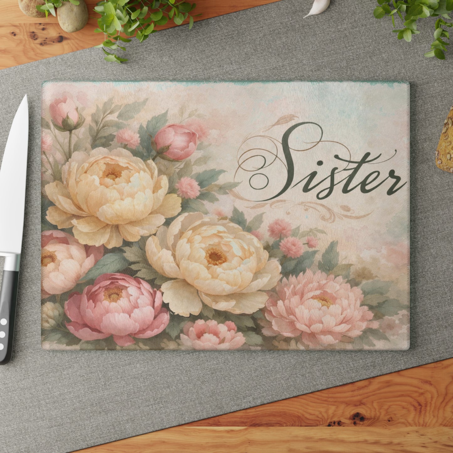 Sister Floral Glass Cutting Board – Elegant Kitchen Gift for Her