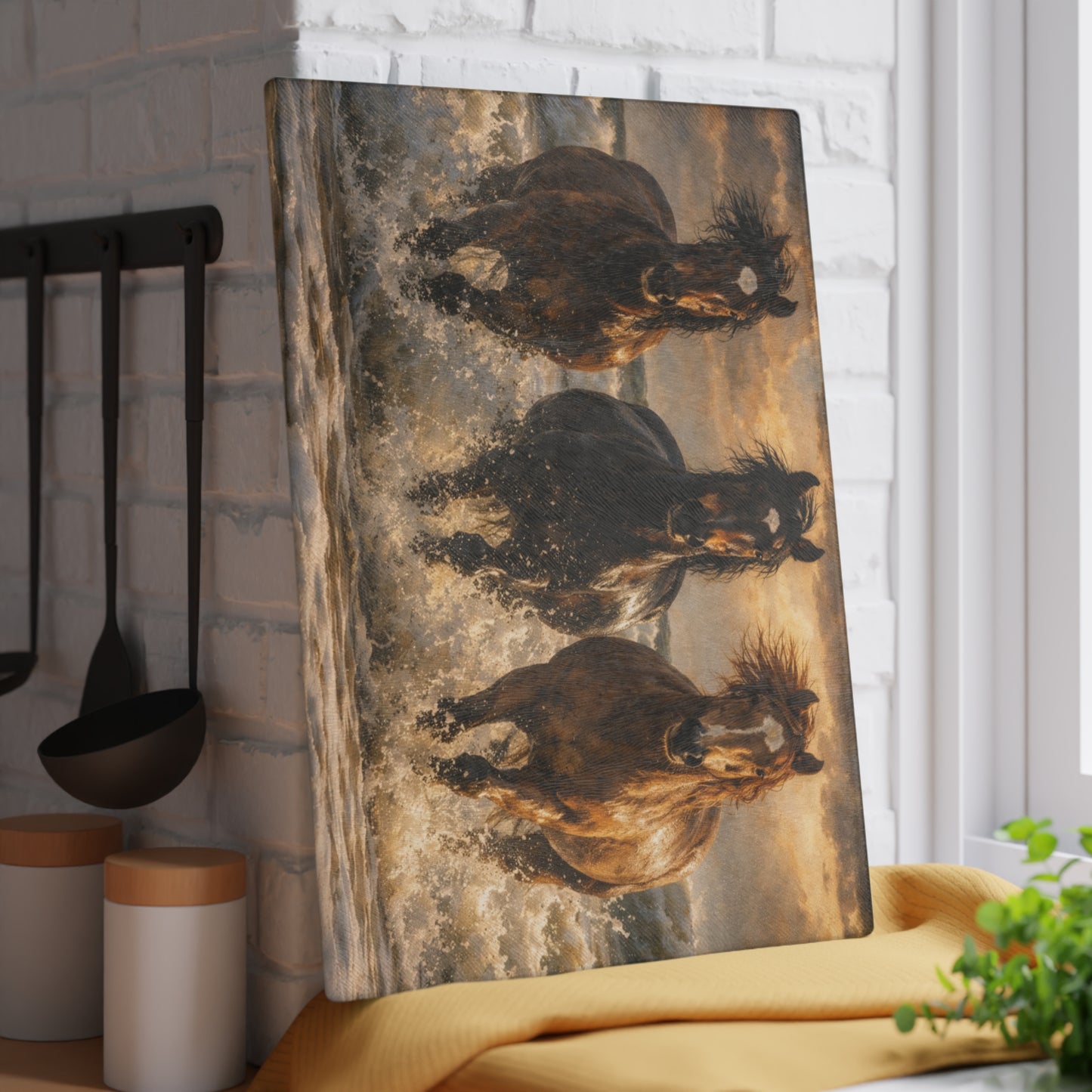 Running Horses on the Beach Glass Cutting Board – Coastal Horse Lover Farmhouse Kitchen Decor