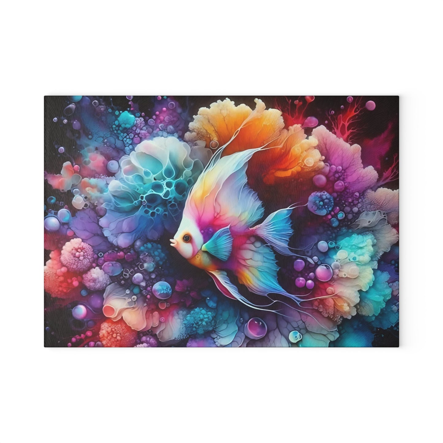 Tabla de cortar de vidrio con diseño de pez fantasía vibrante: Elegancia de arrecife de acuarela para cocinas artísticas
