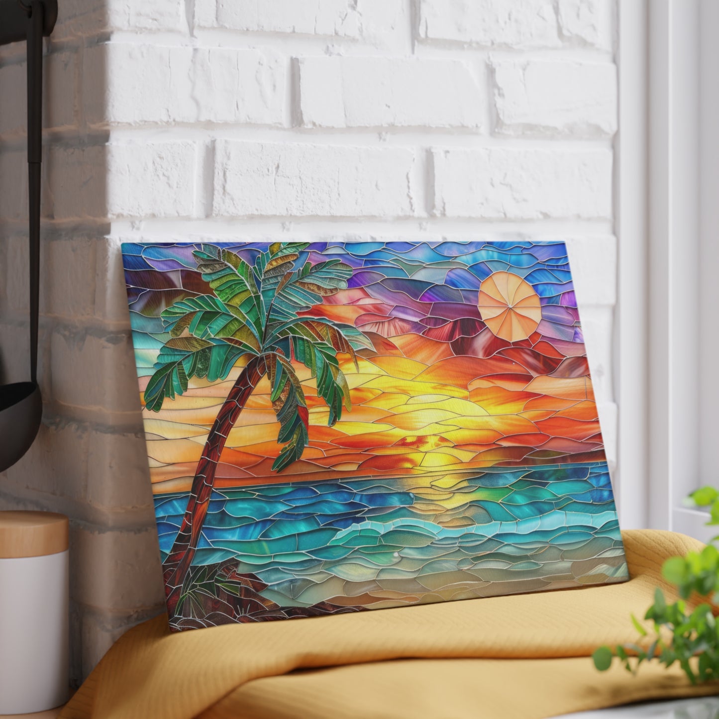 🌅🌴 Stained Glass look like Sunset Beach Cutting Board – Coastal Artistry for Your Kitchen 🌊