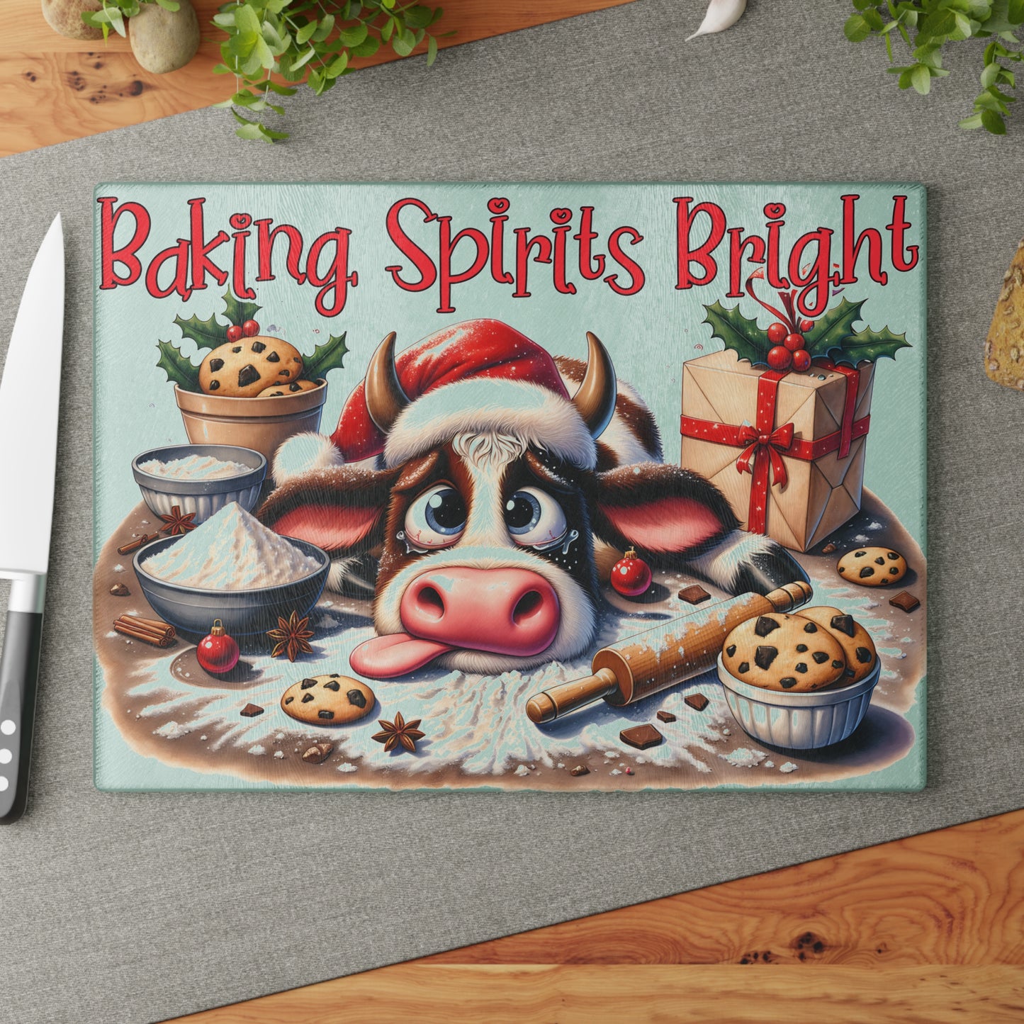 🐄✨ Baking Spirits Bright Cow Cutting Board – Festive Farmhouse Kitchen Charm