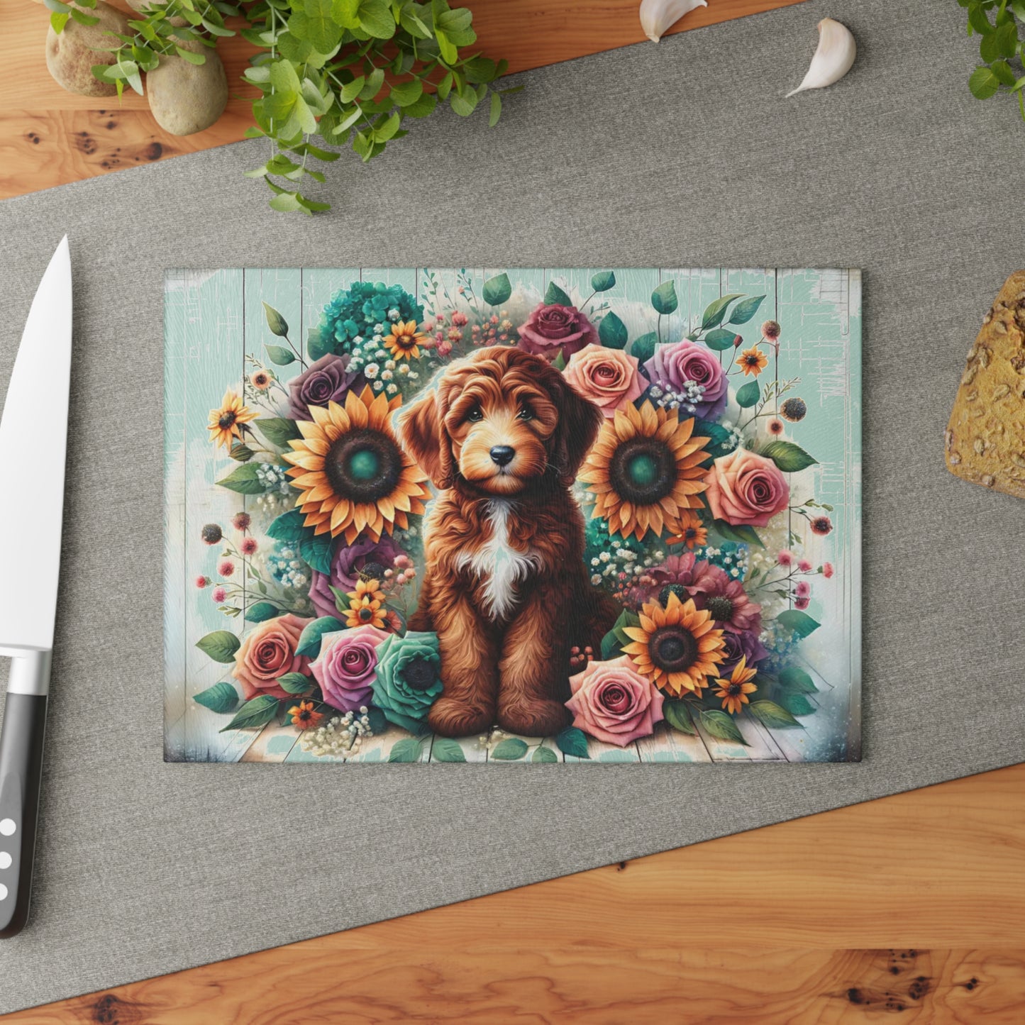 🐶🌻 “Sunflower Pup” Glass Cutting Board – Bright, Happy Farmhouse Vibes for Your Kitchen