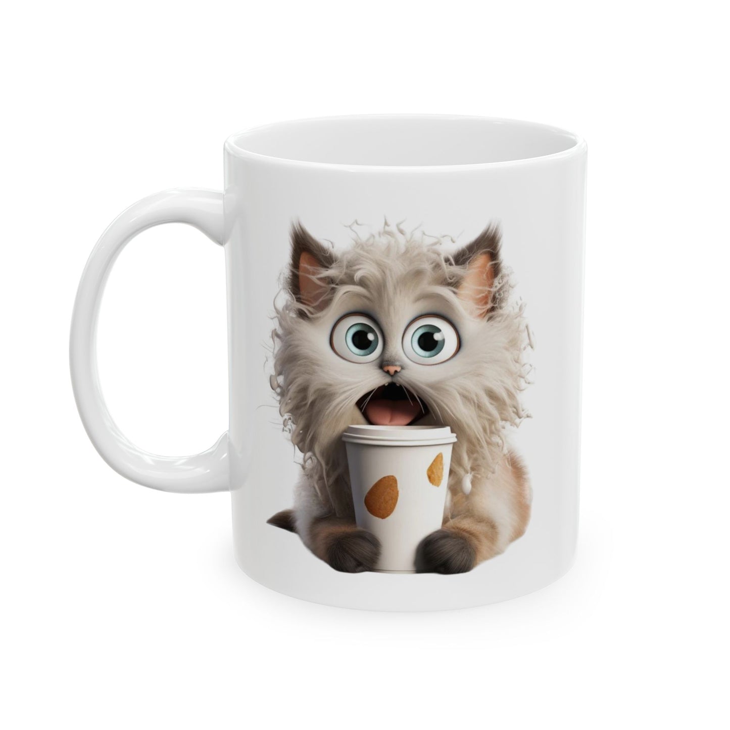 Fluffy Cat Coffee Mug – Funny Surprised Cat Holding a Coffee Cup – Personalized