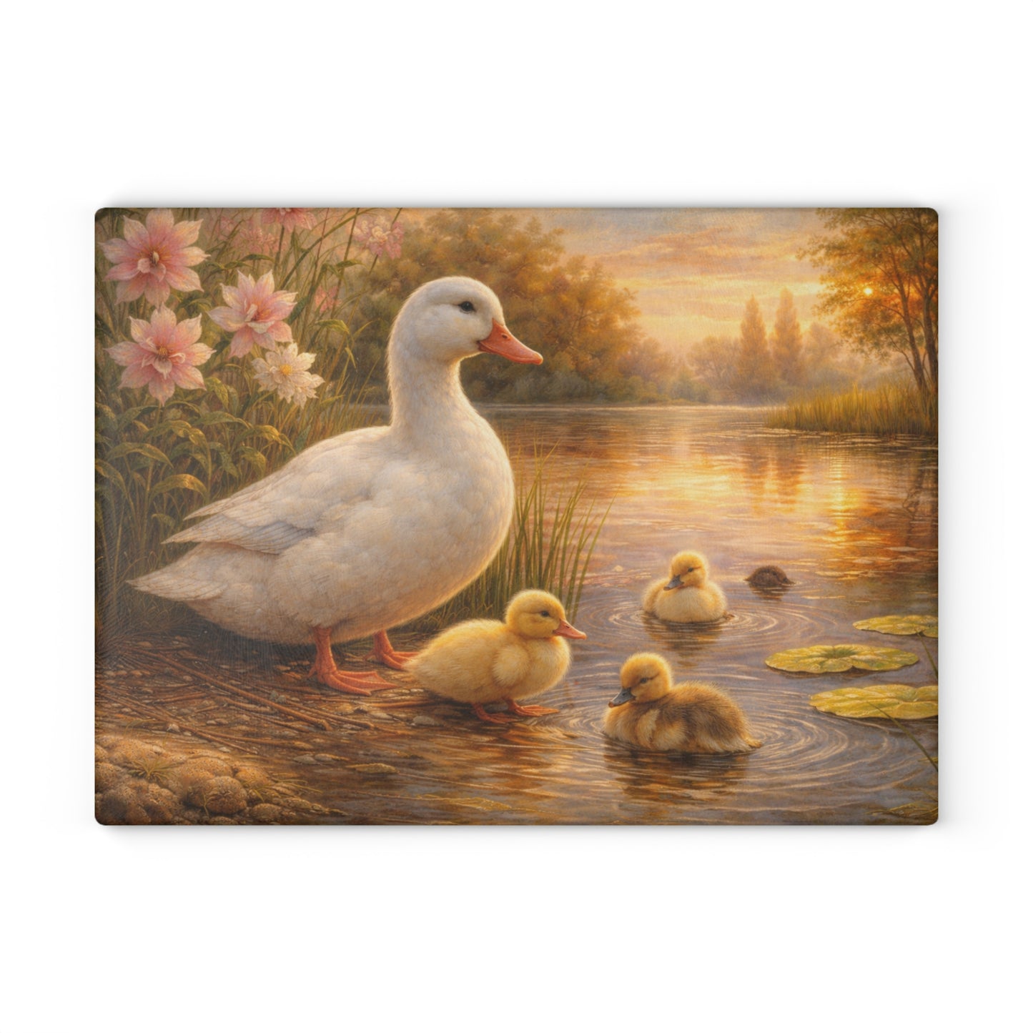 Mother Duck & Ducklings Peaceful Pond Glass Cutting Board – Cottage Nature Kitchen Art