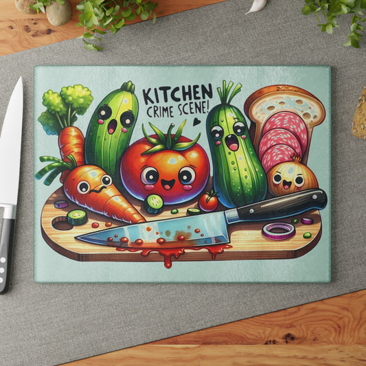 Tabla de cortar de vidrio con temática de escena del crimen en la cocina: verduras, pan y salami que gritan, decoración divertida para la cocina