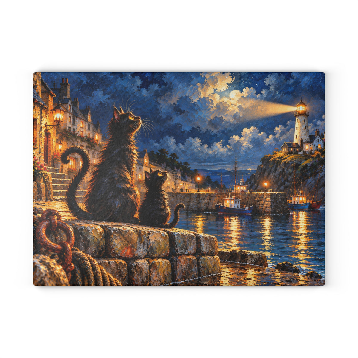 Moonlit Harbor Cats – Coastal Lighthouse Tempered Glass Cutting Board – 11 × 15 Inches
