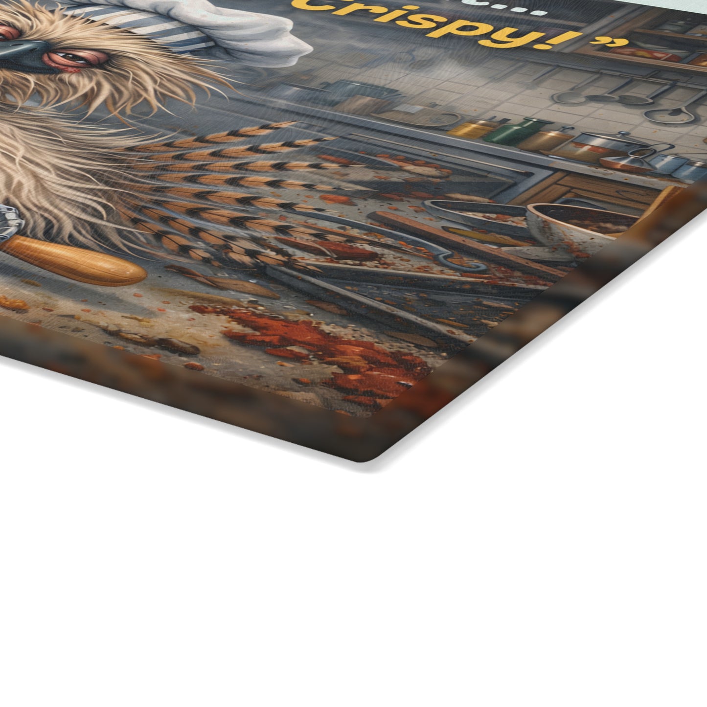 Extra Crispy Kitchen Humor Glass Cutting Board – Playful Baking Chicken Art Decor