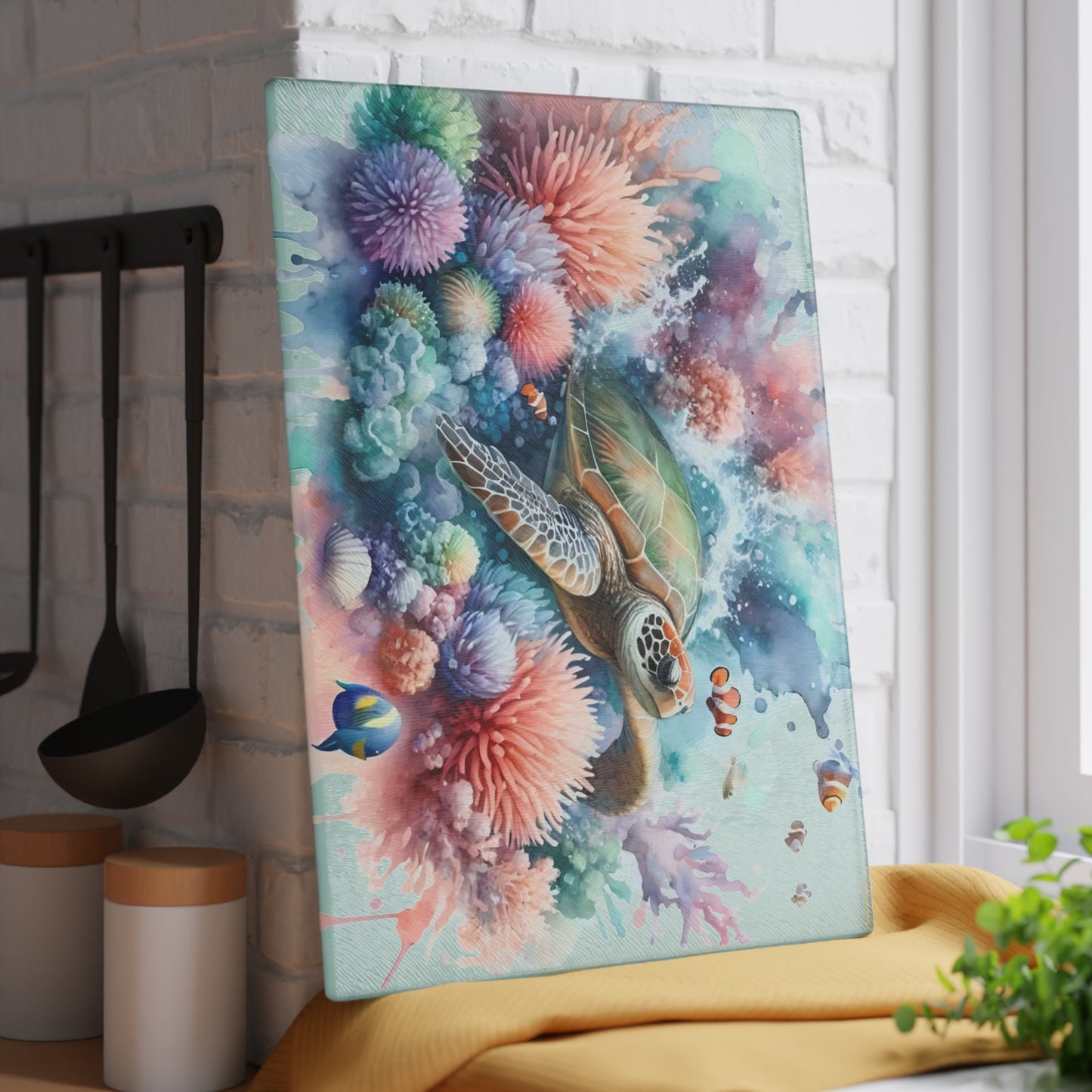 Pastel Coral Splash Sea Turtle Cutting Board – Tranquil Reef Elegance for Your Kitchen