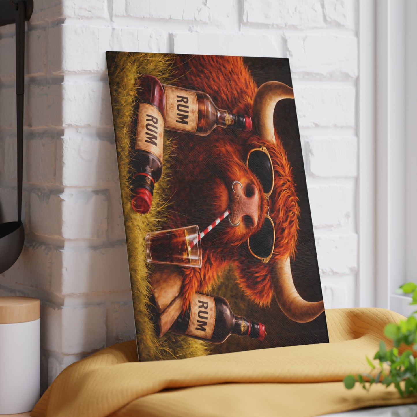 Sunglasses Highland Cow Glass Cutting Board – Bold Farm Bar Art with Playful Attitude