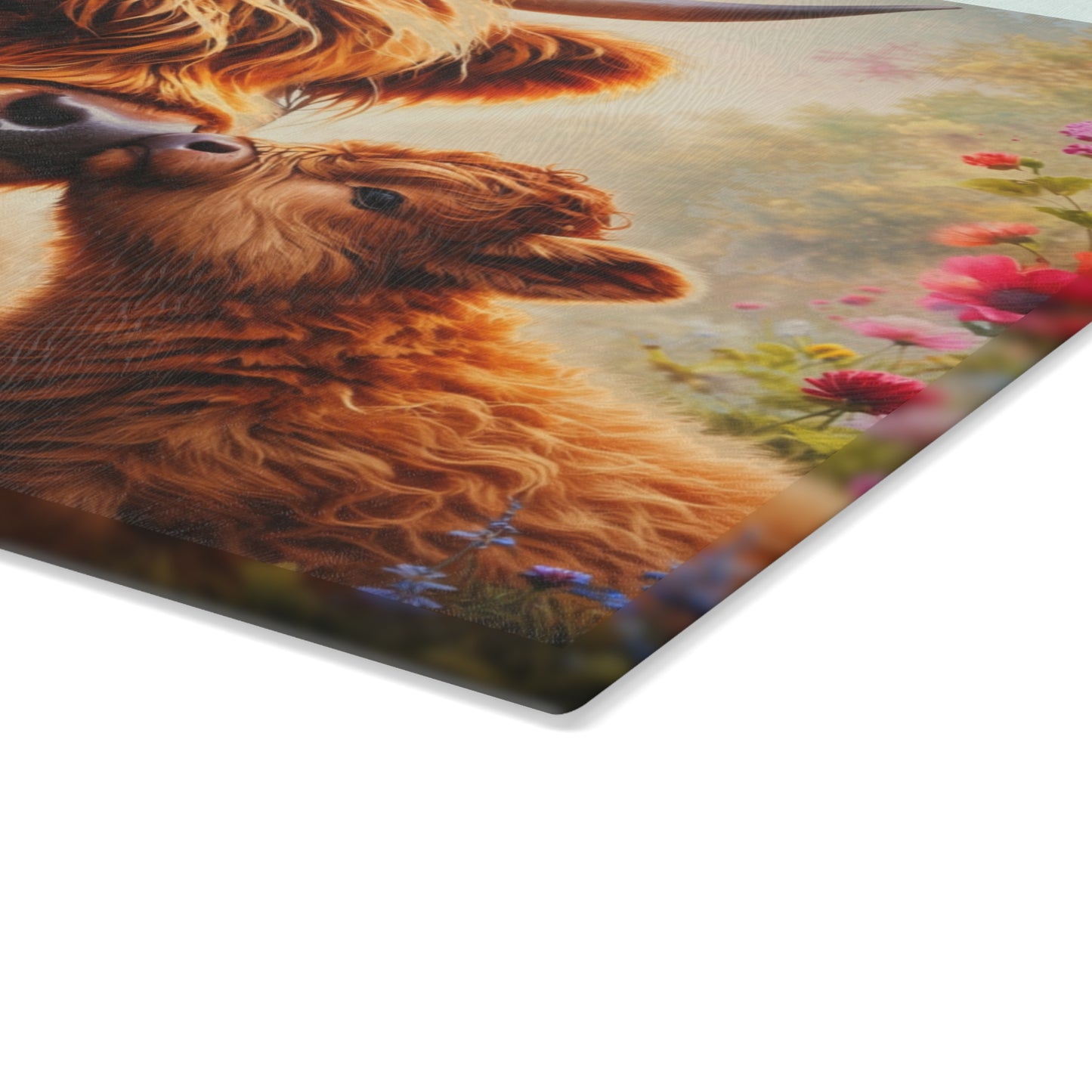 Highland Cow and Calf Floral Glass Kitchen Surface – Warm Farmhouse Style Artwork