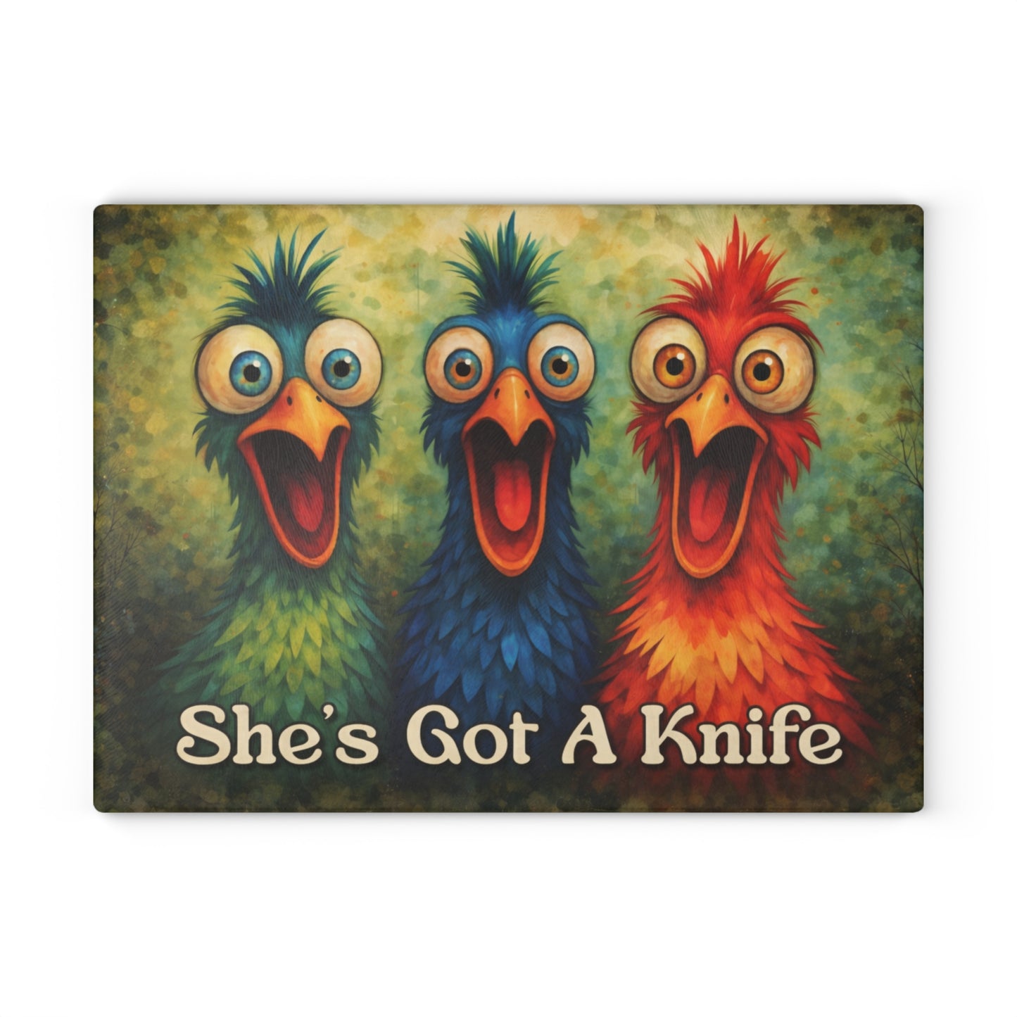 She’s Got a Knife Glass Cutting Board – Colorful Chicken Trio Art with Bold Kitchen Humor