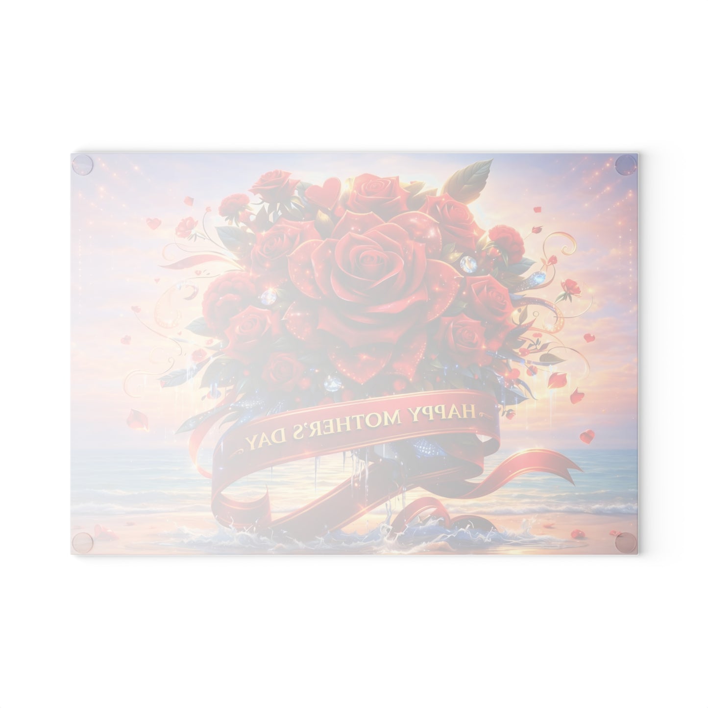 Happy Mothers Day Beach-Themed Glass Cutting Board – "Happy Mother’s Day" Ribbon with Roses, Glass cutting board, beach decor, coastal kitchen, Charcuterie Board, Custom cutting board, Flowers