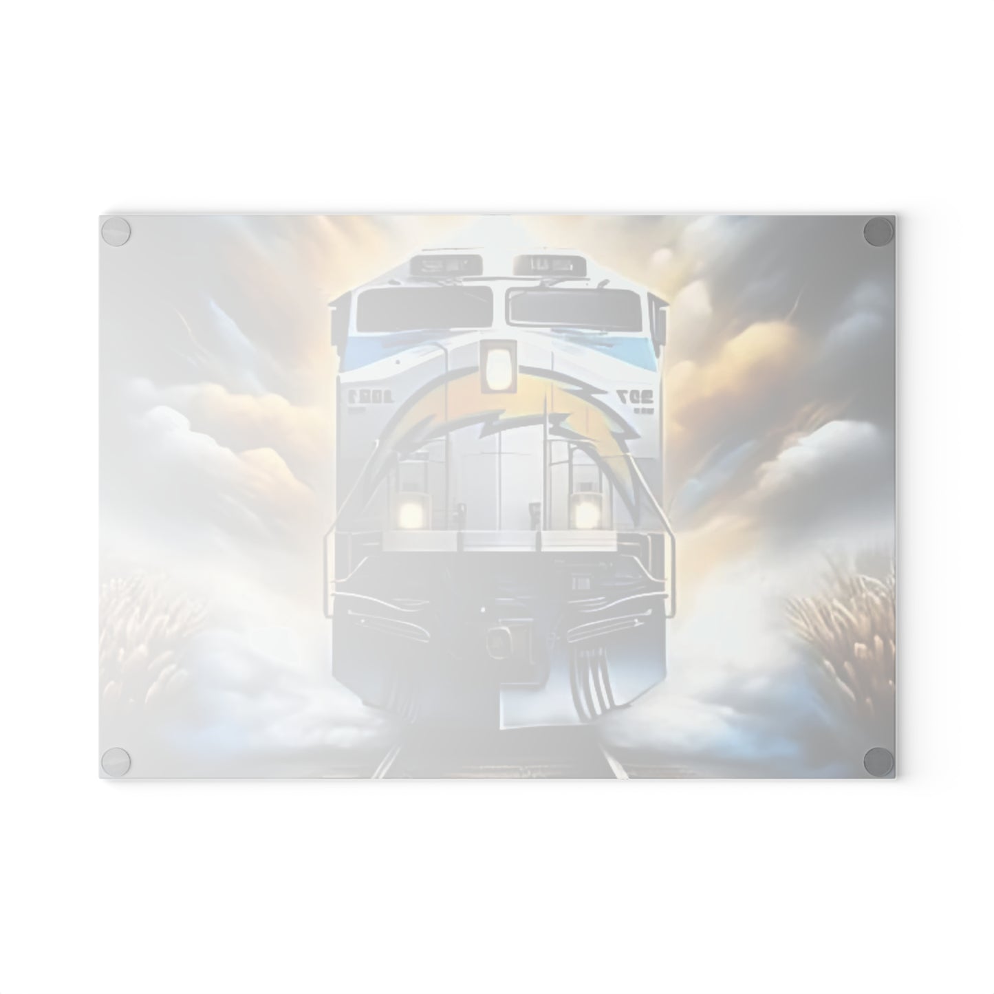 Tabla de cortar de vidrio Express en azul pálido y amarillo: arte de tren eléctrico para cocinas luminosas y llenas de energía