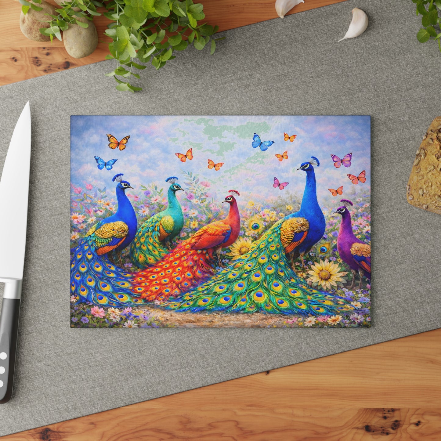Peacock Glass Cutting Board – Elegant Nature-Inspired Kitchen Accent