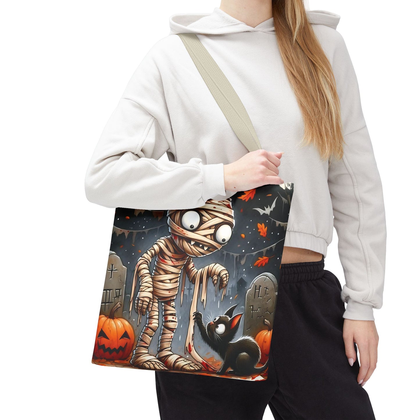 🎃 Mummy & Black Cat Halloween Tote Bag – Spooky Cute & Perfect for Trick-or-Treating 🖤🛍️