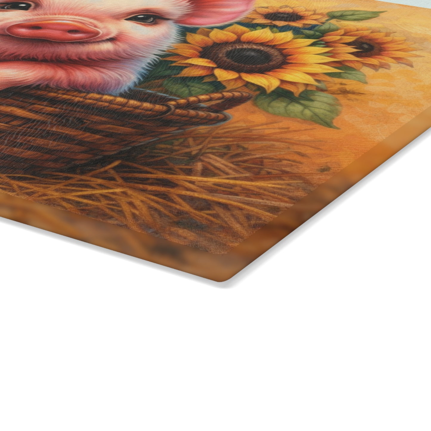 Sunflower Piglet Glass Cutting Board – Whimsical Farmhouse Kitchen Decor
